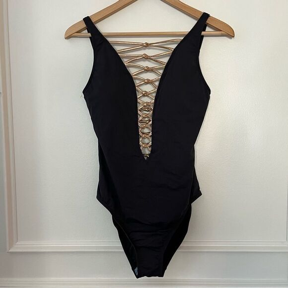 Women's Bleu Core-Lace-Down Mio One-Piece Swimsuit Black/Gold Size 6 - Picture 6 of 14